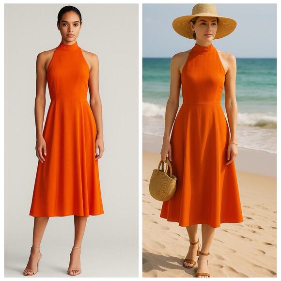 Ralph Lauren Collection Purple Label Silk Halter Midi Dress 2 Orange Sundress - Picture 1 of 13